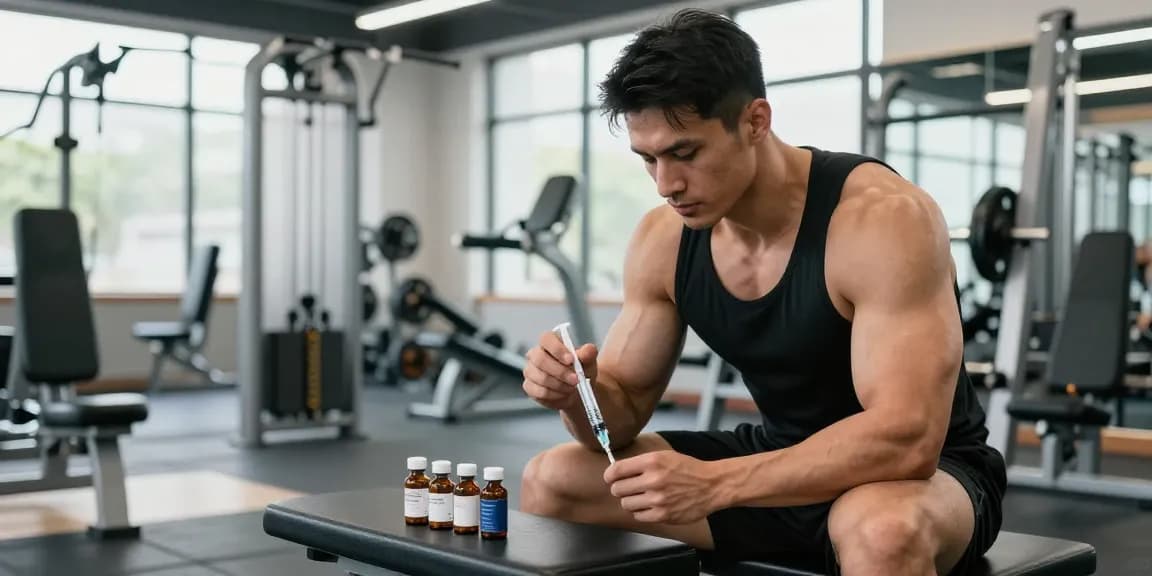 Aktiver Bodybuilder im Anabolika Shop, zeigt Spritze mit Anabolika und Steroidvials im Fitnessstudio.