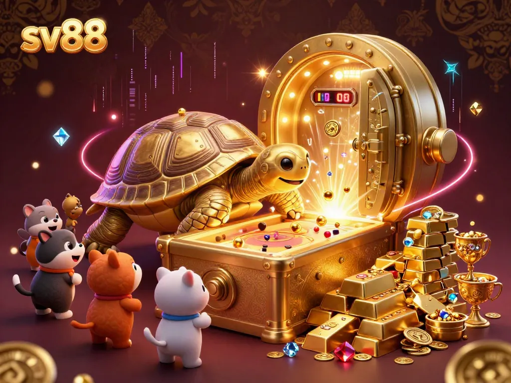 Experience the excitement of sv88 with a golden tortoise pinball machine surrounded by treasure.