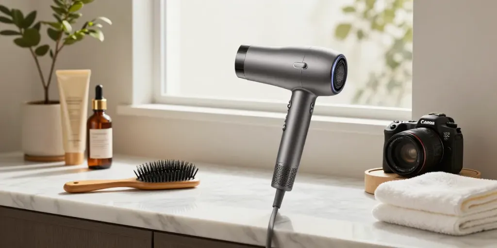 Haartrockner Testsieger Stiftung Warentest auf elegantem Waschbecken mit Haarpflegeprodukten und natürlichem Licht.
