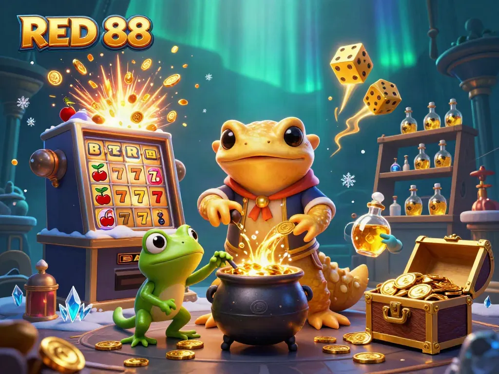 Engage with RED 88's golden alchemist as he transforms base metals into riches in a vibrant casino world.