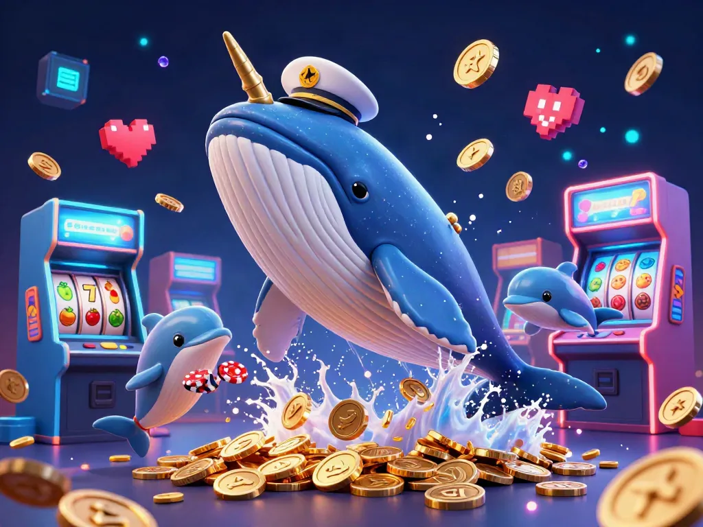 Catch the thrilling excitement at 9bet as a whale breaches through coins in a vibrant casino scene.