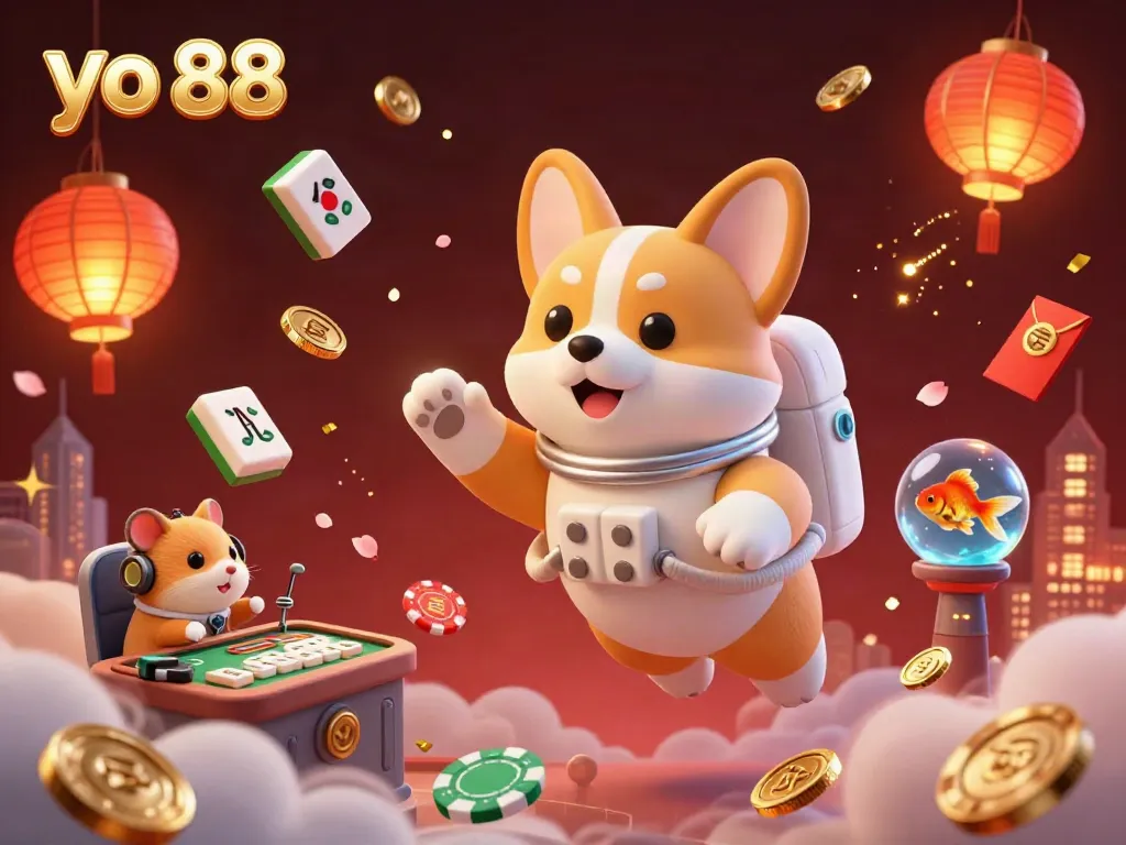 Experience the thrilling world of yo 88 with a floating corgi in a cosmic casino adventure.