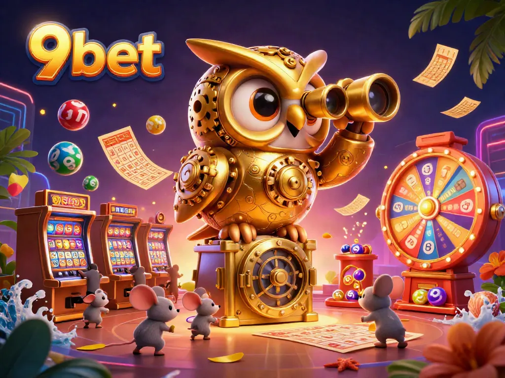 Experience lively gameplay at 9bet with whimsical elements like a golden owl and colorful lottery balls.