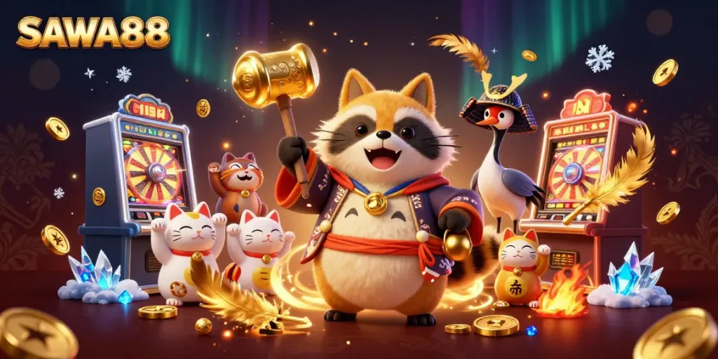 Engage in excitement with SAWA888, a vibrant illustration of casino fun featuring colorful characters and slot machines.