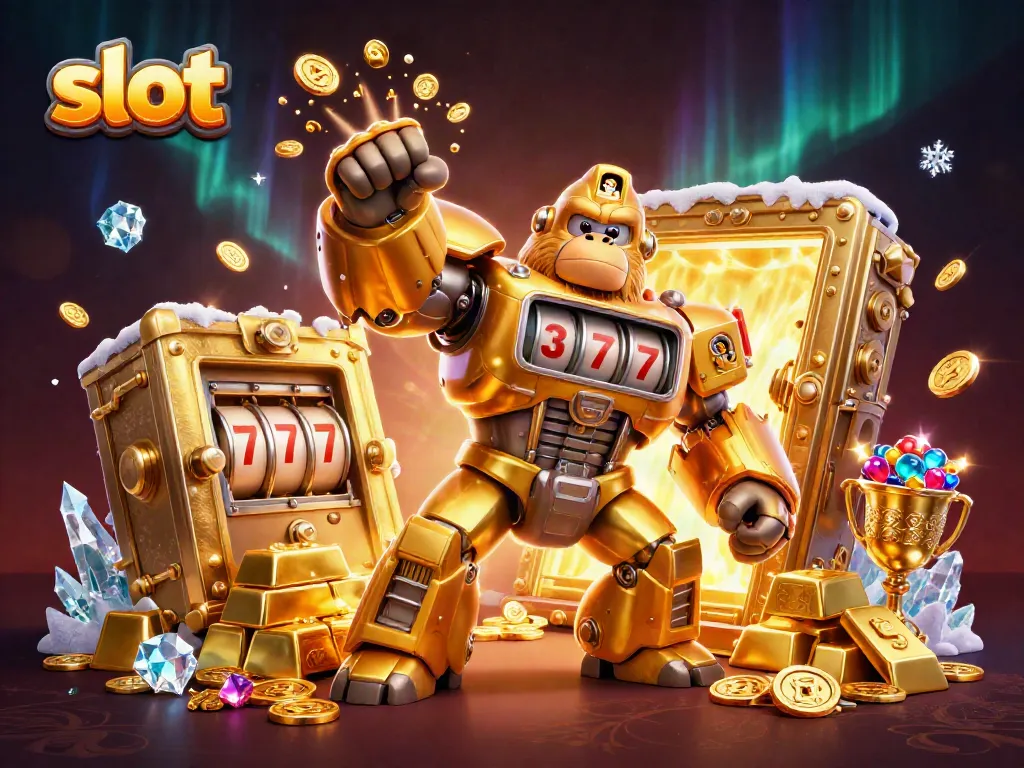 Experience thrilling slot action with a golden gorilla mech bursting with coins and jewels.