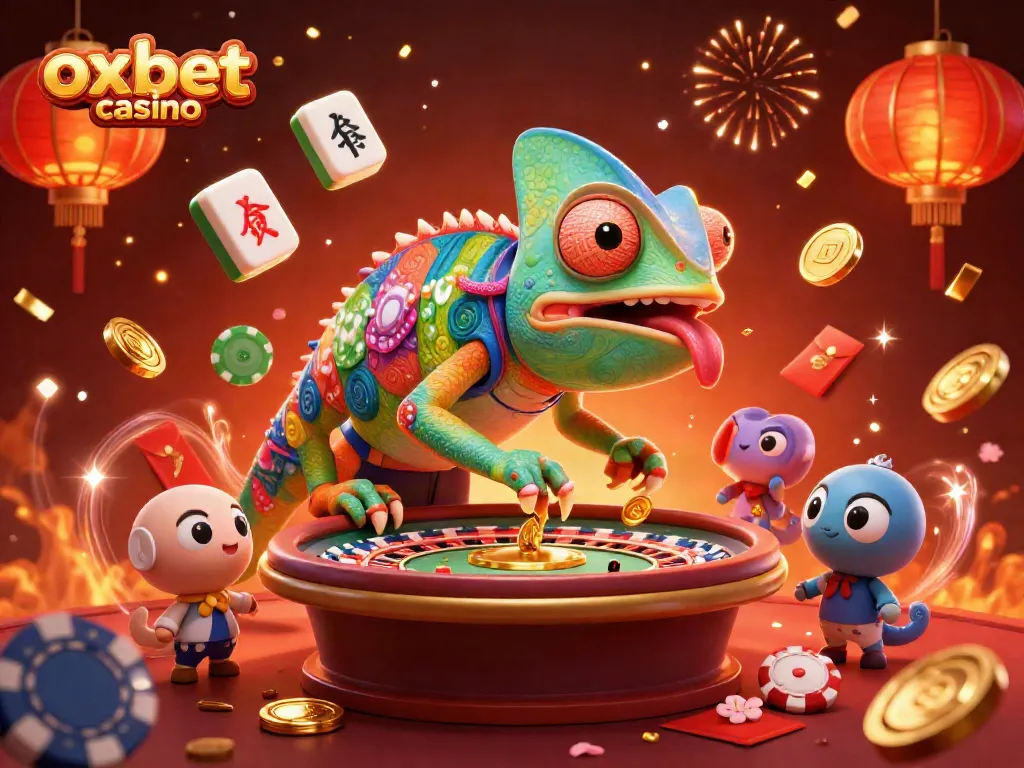 Experience the vibrant action at oxbet casino, where a chameleon owner captures golden coins amidst casino excitement.