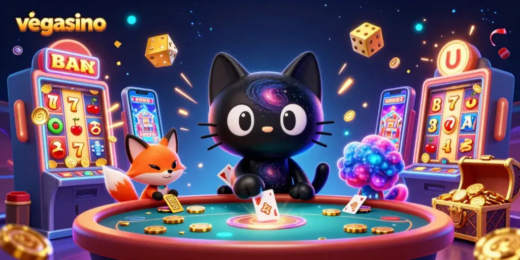 Engage with vegasino's vibrant cosmic casino experience featuring a black hole cat and colorful nebula fox.
