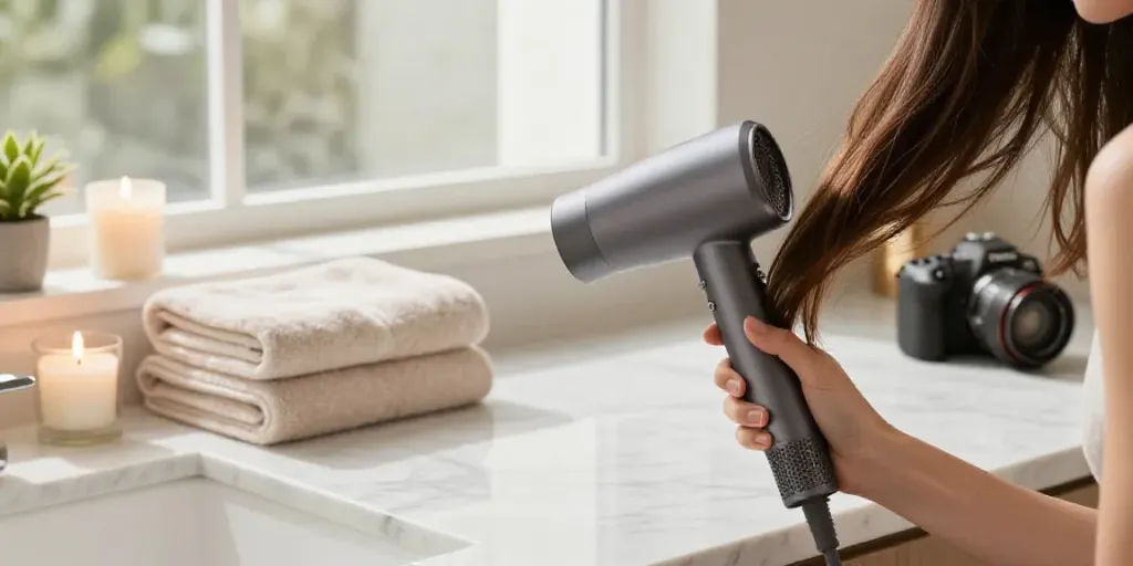 Hochgeschwindigkeits-Haartrockner für professionelles Styling in elegantem Bad-Setup.