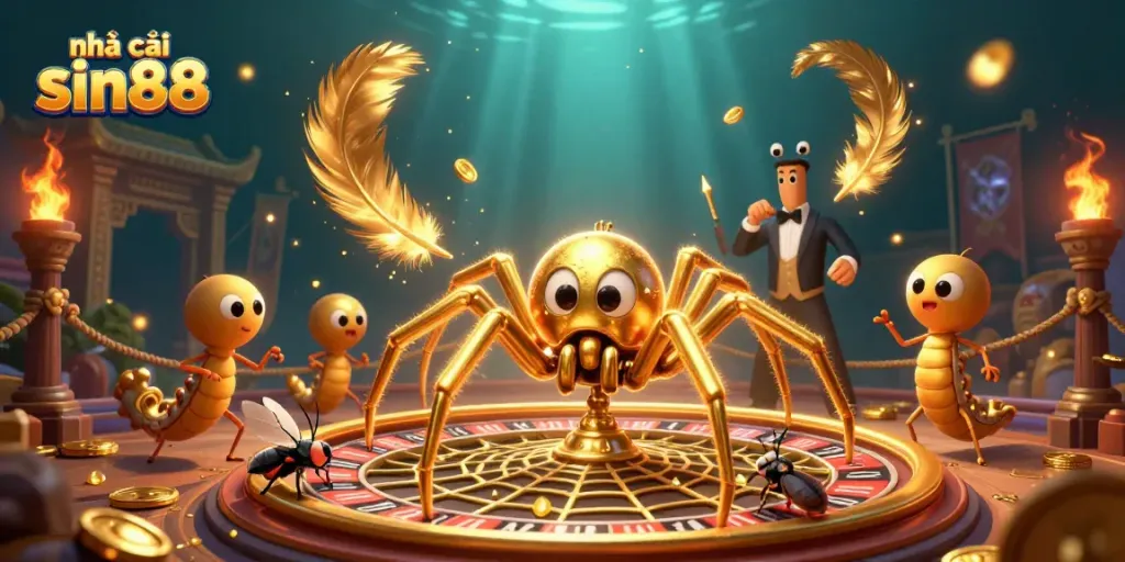 Engage with nhà cái sin88 as a golden spider weaves a roulette web, depicting the thrill of betting.