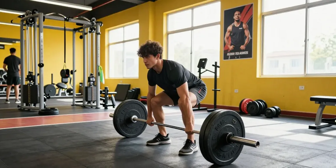 Aktive Fitness-Szene im Unique Pharma Shop, Athlet hebt Gewichte mit perfekter Form in hellem und motivierendem Umfeld.
