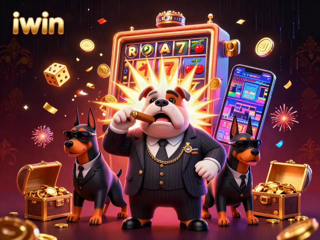 Spin the iwin slot machine with a mafia bulldog and Doberman bodyguards amidst a jackpot explosion.
