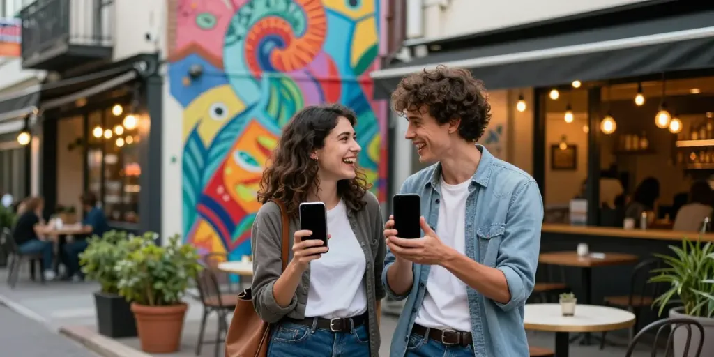 Couple enjoying spicy AI chat on smartphone in a vibrant urban café.