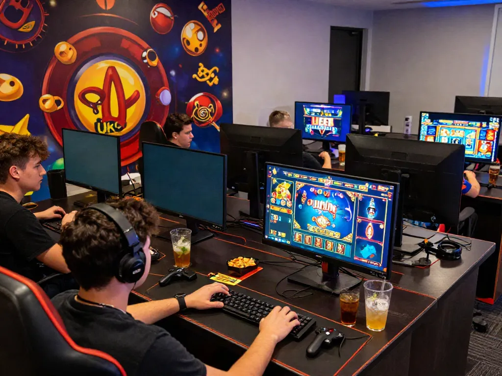 Excited gamers playing at UK88 online casino, showcasing vibrant gaming graphics.