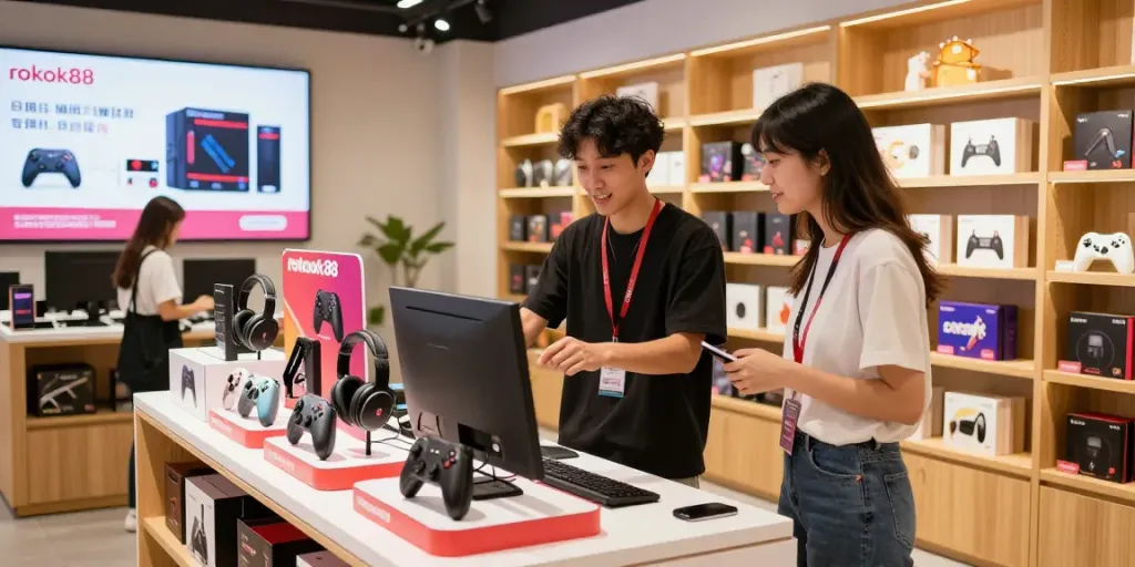 Customer exploring rokok88 gaming accessories in a vibrant retail setting