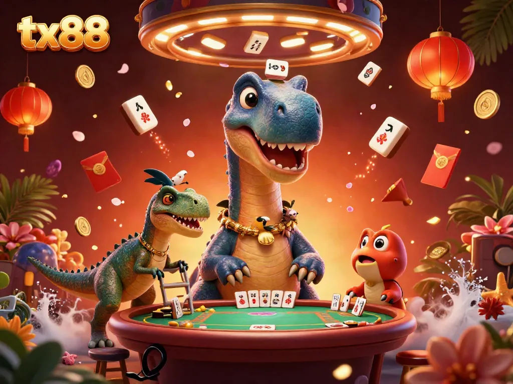 Experience thrilling gaming at tx88 with a whimsical brontosaurus and raptor dealer in a vibrant casino setting.