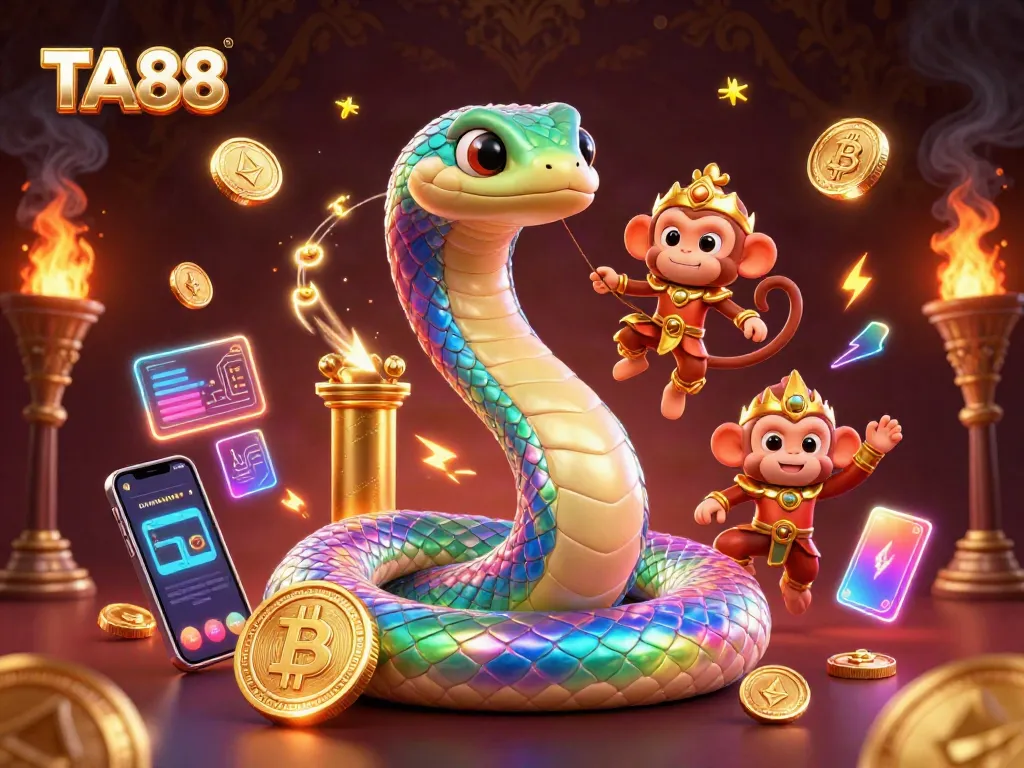 Engaging TA88 online gambling experience with vibrant characters and crypto elements in a lively casino theme.