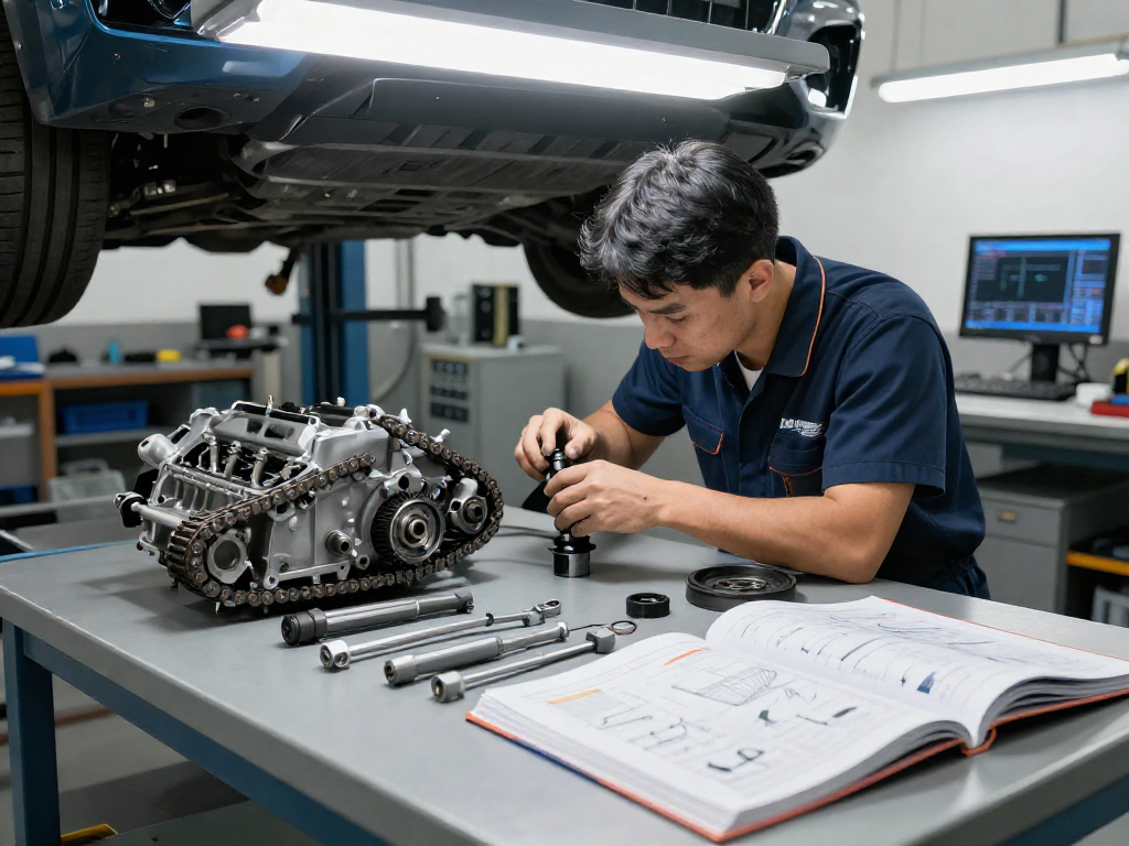 BMW steuerkette wechseln in einer professionellen Werkstatt, Mechaniker arbeitet sorgfältig am Motor.