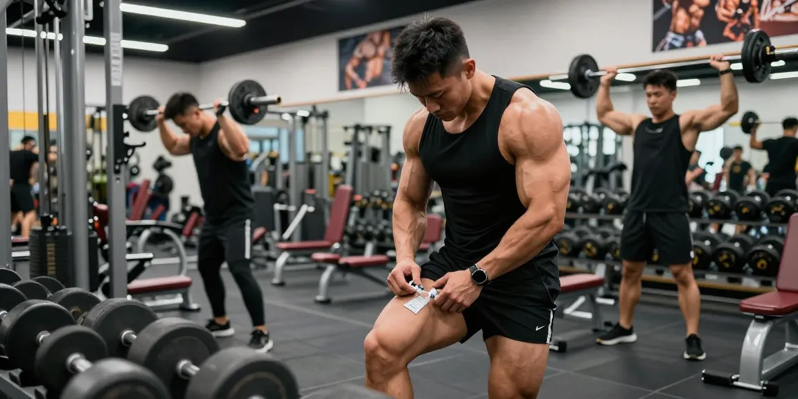 Erfahrener Bodybuilder im Anabolika Shop beim Spritzen von Steroiden zur Muskelsteigerung.