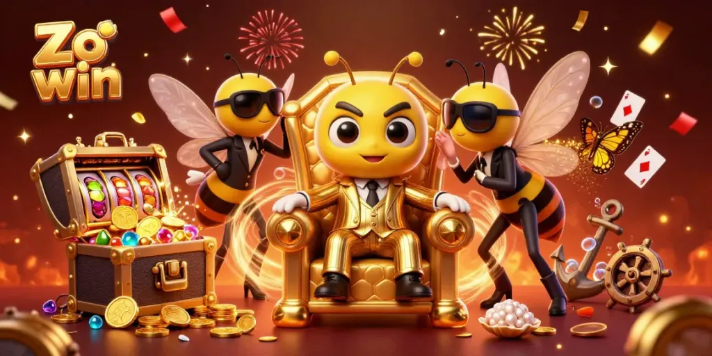Play vibrant slots with Zo win in a rich, animated casino scene filled with golden rewards and treasures.
