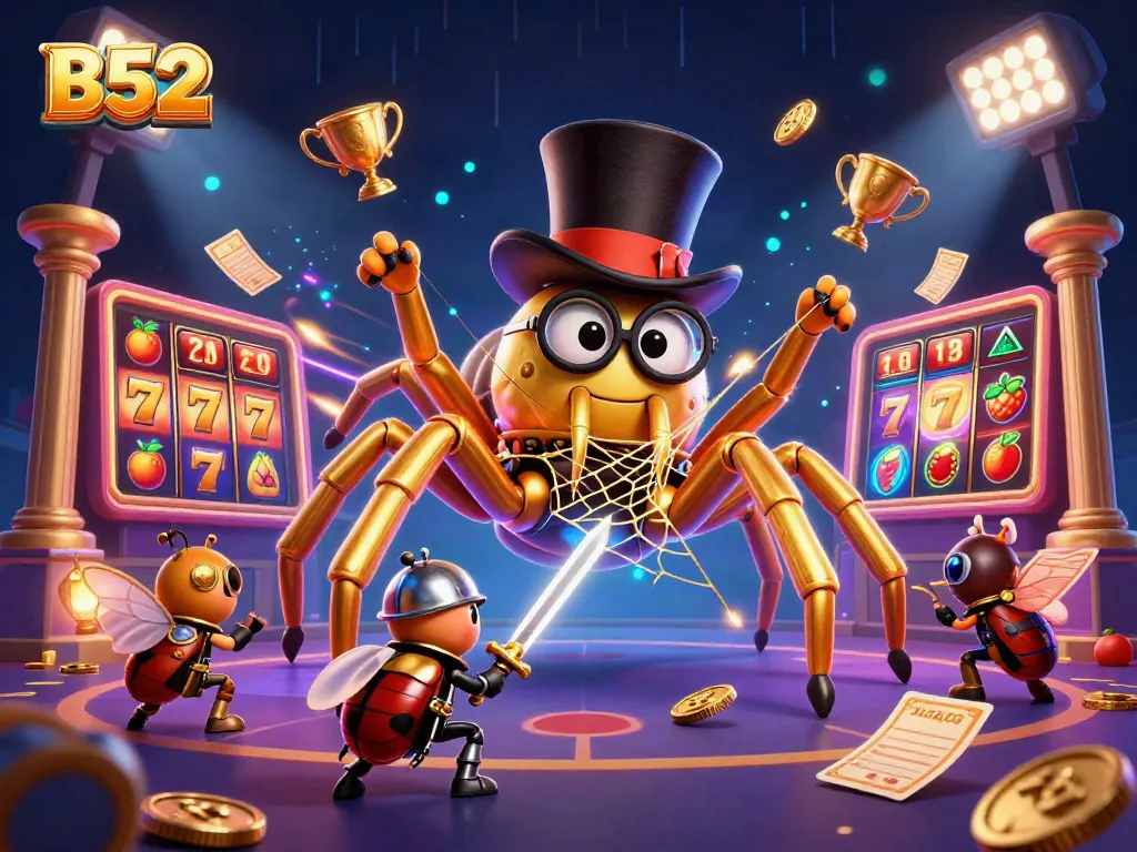 Experience thrilling B52 slots with a golden tarantula and beetle knight in a vibrant casino scene.