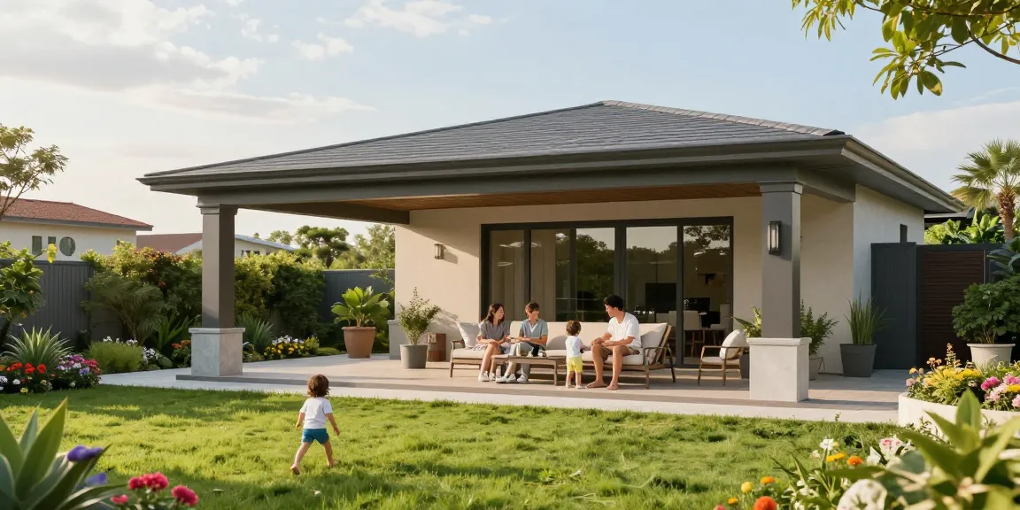 Freistehende Terrassenüberdachung in modernem Garten mit Familie und spielenden Kindern.