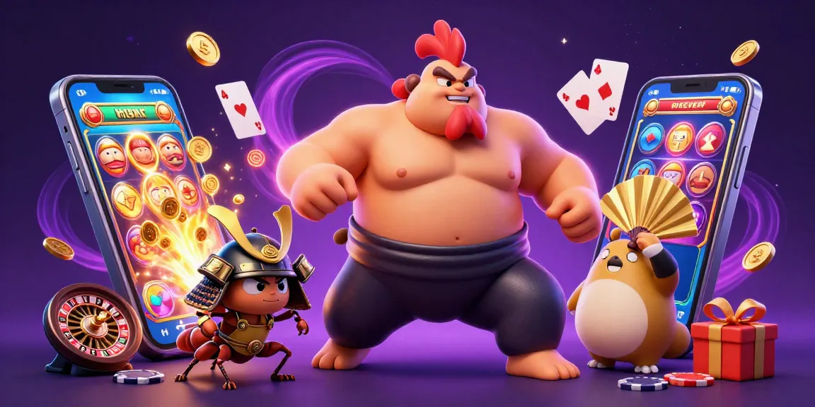 Cổng game Sunwin features a powerful sumo wrestler, fierce samurai cricket, and announcer amidst vibrant casino elements.