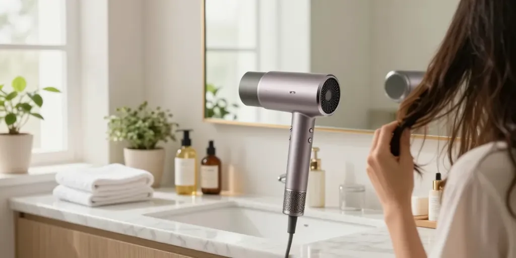 Stilvoller ionen föhn auf einem Marmortisch im eleganten Badezimmer, umgeben von luxuriösen Beauty-Produkten.