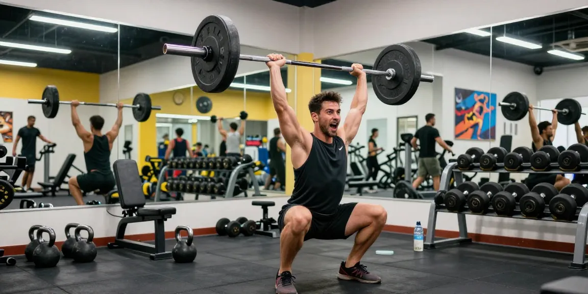 Krafttraining im Anabolika Shop Deutschland: Bodybuilder beim Überkopfdrücken in modernem Fitnessstudio.