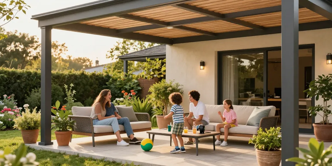 Familie unter einer stilvollen Terrassenüberdachung, die Zeit im Garten genießt.