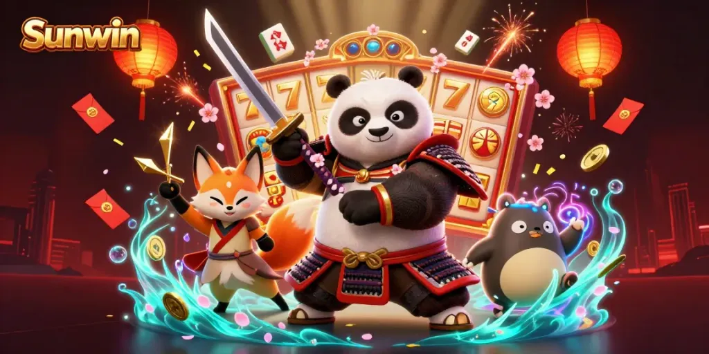 Engage in the vibrant world of Sunwin with dynamic characters, glowing symbols, and action-packed casino elements.