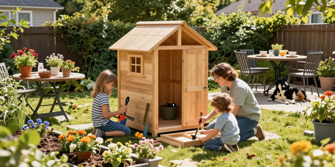 Familie baut gemeinsam ein Gartenhaus im sonnigen Garten mit Blumenbeeten.