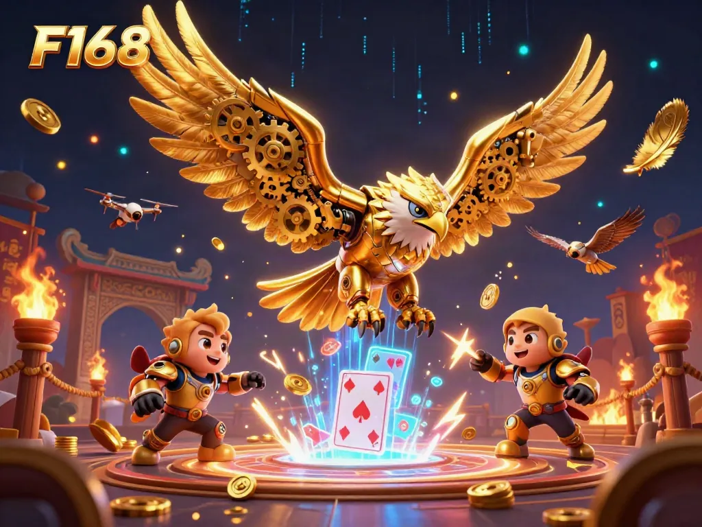 Experience thrilling gameplay at F168 with a cybernetic eagle soaring through dazzling casino elements.