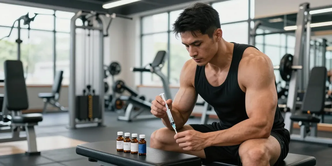 Aktiver Bodybuilder im Anabolika Shop, zeigt Spritze mit Anabolika und Steroidvials im Fitnessstudio.