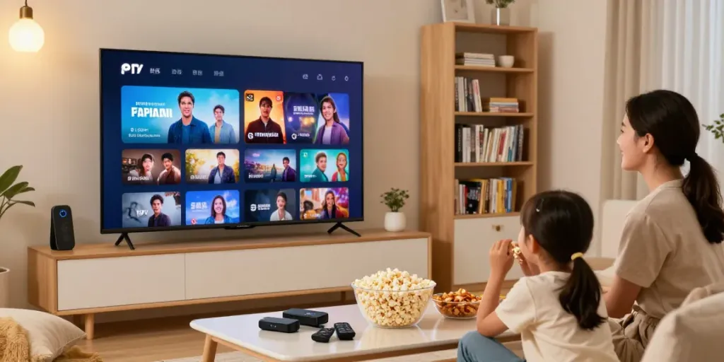 Family enjoying IPTV Abo streaming on a Smart TV in a cozy living room.