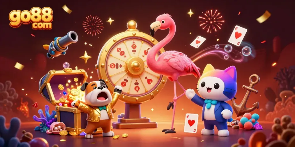 Spin the prize wheel in this vibrant go88 com 3D casino scene filled with exciting game elements.