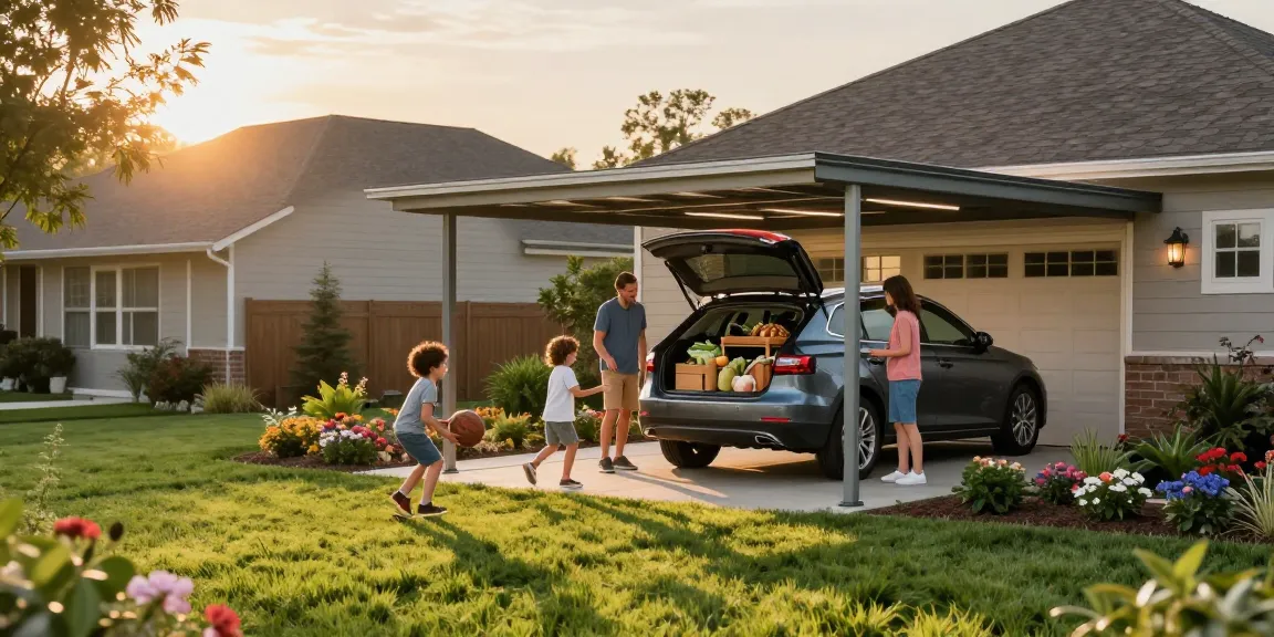 Moderne Carport-Struktur mit Familie, die Einkäufe aus dem Auto auslädt, im Garten.