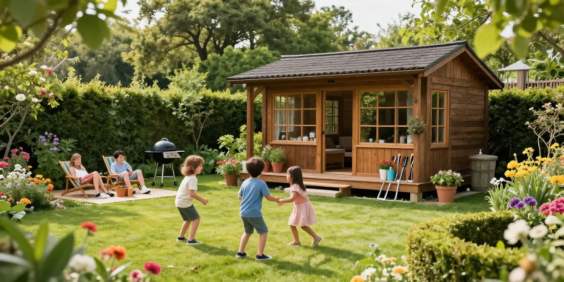 Ein Gartenhaus Holz im blühenden Garten mit einer Familie, die einen sonnigen Tag genießt.