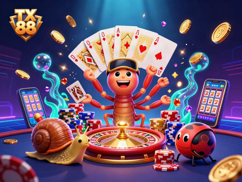 Engage in thrilling games at TX 88 with a lively cartoon casino scene featuring unique characters and vibrant elements.
