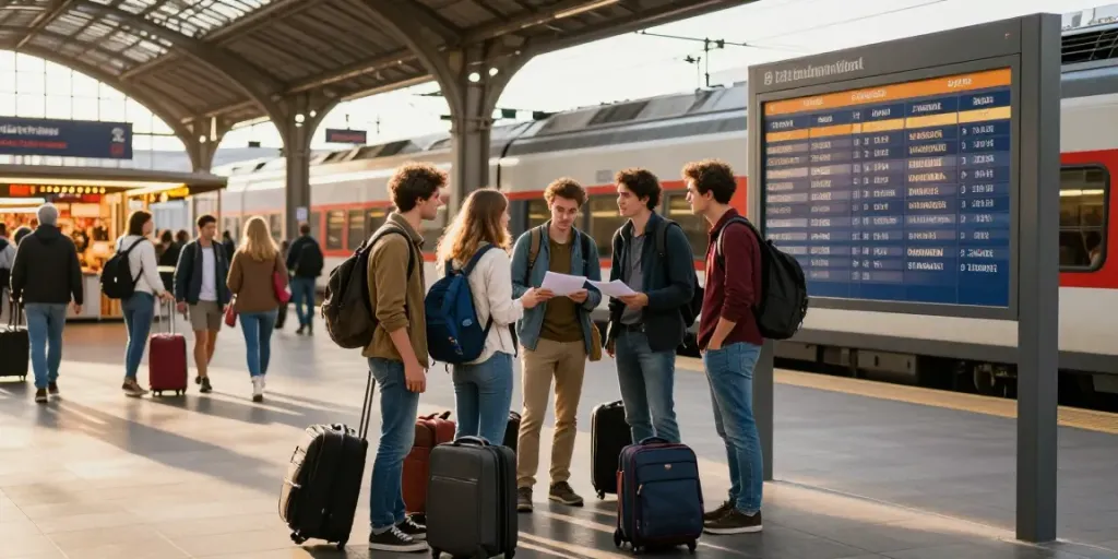 Gruppentickets für die Bahn: Freunde am Bahnhof planen gemeinsame Reise.