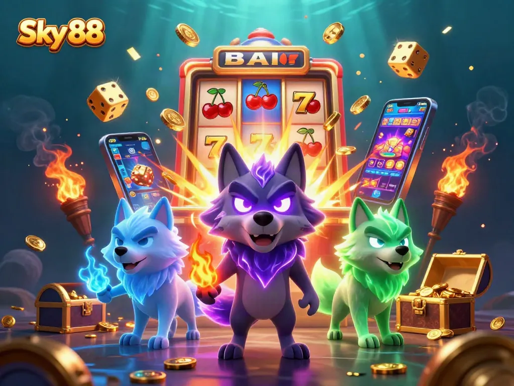 Sky 88 showcases a dynamic casino scene with energetic ghostly wolves and bursting slot machine jackpots.