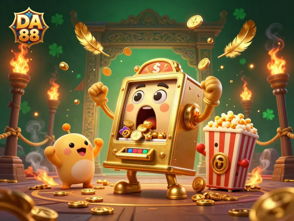 Engage with DA 88's thrilling jackpot winnings scene featuring a golden slot machine, cheering mini machines, and dynamic betting action.