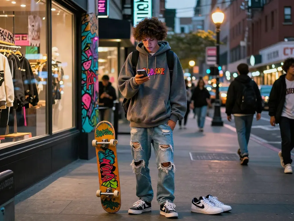 Youth browsing rokok88 fashion online in a vibrant urban scene