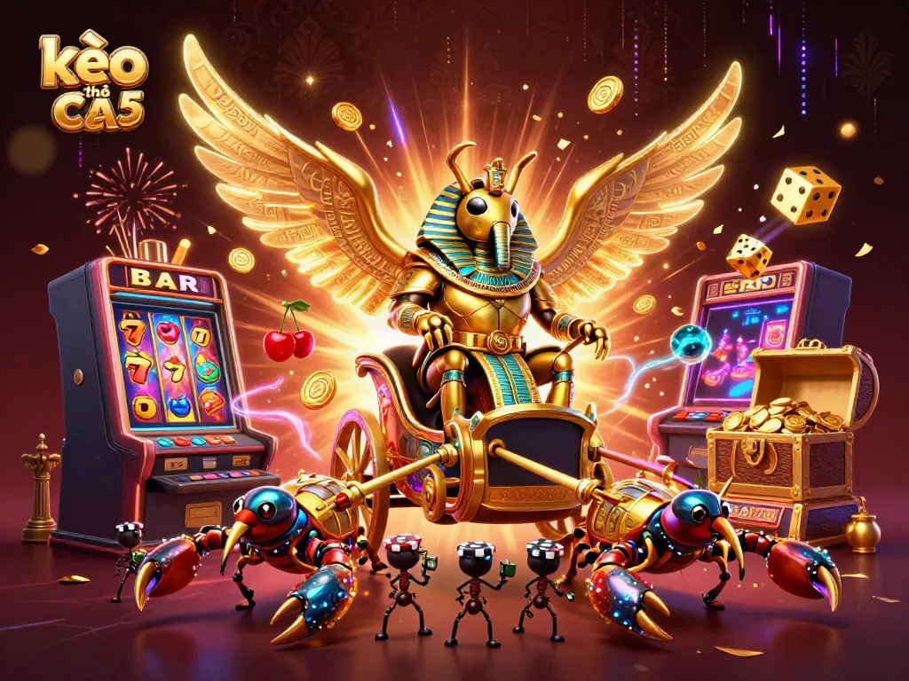 Engage with the vibrant world of kèo nhà cái 5 showcasing golden beetles, scorpions and a jackpot slot machine.