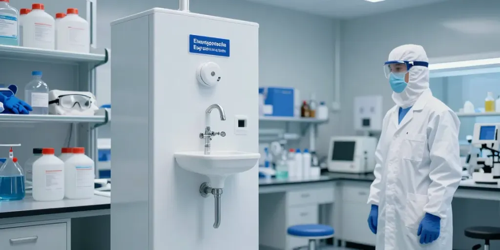 Notdusche für Chemiebetrieb in a lab setting with safety equipment and emergency wash stations.