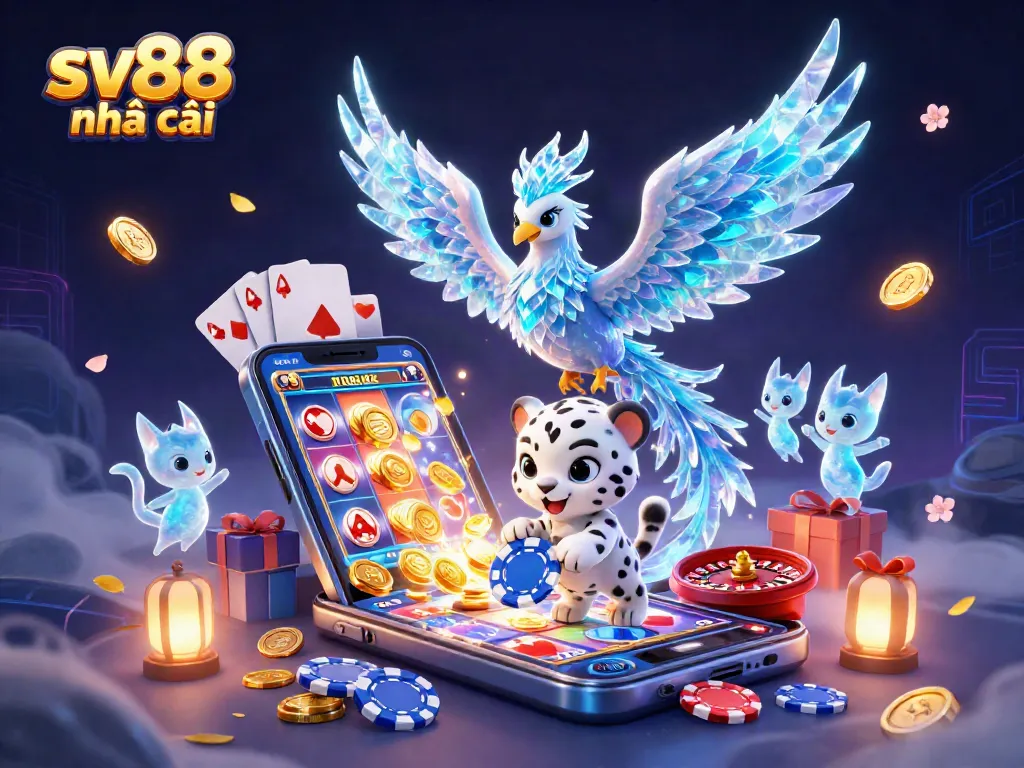 Engage with sv88 nhà cái's vibrant gaming experience featuring an ice phoenix, poker, and slot elements.