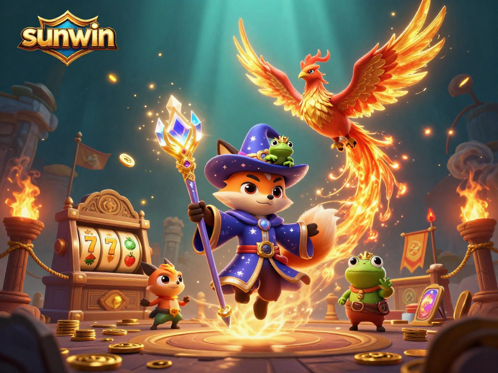Experience sunwin's thrilling slot adventures with a mystical wizard fox and fiery phoenix.