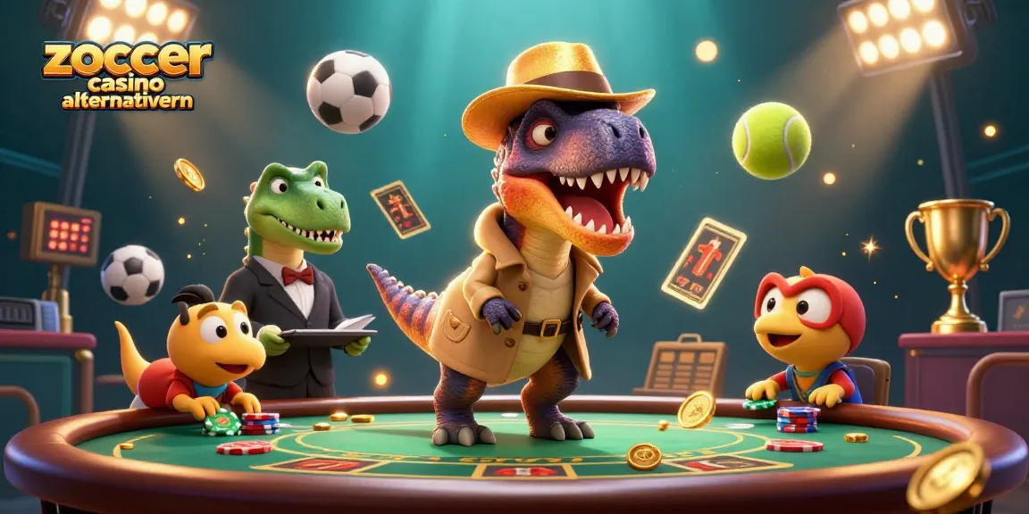 Spielen Sie im Zoccer Casino Alternativen, während ein Velociraptor am Tisch Karten zählt und von einem Stegosaurus beobachtet wird.