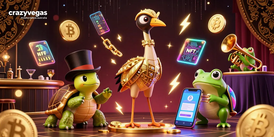 Engage with crazyvegas mobile casinos australia in an ultra-detailed dynamic casino scene featuring vibrant characters and glowing digital elements.