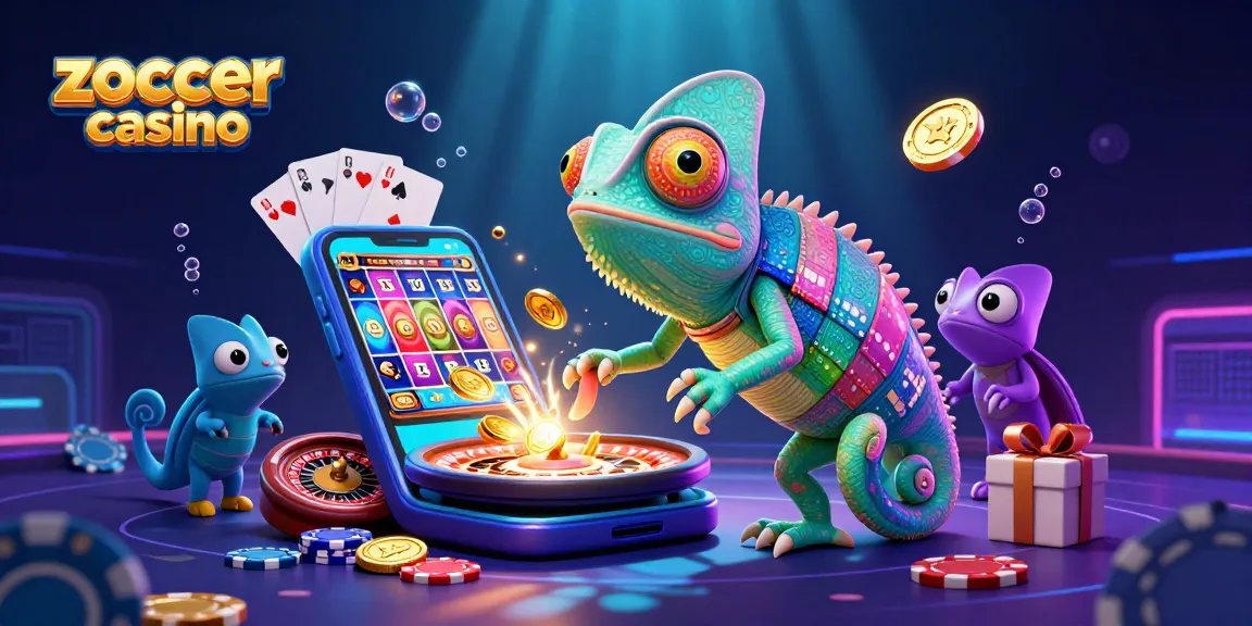 Zoccer casino showcases excitement with a lively chameleon, dynamic game elements, and vibrant colors.