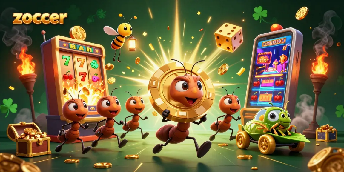 Zoccer features a heist of giant golden poker chips by ants in a vibrant casino-themed illustration.